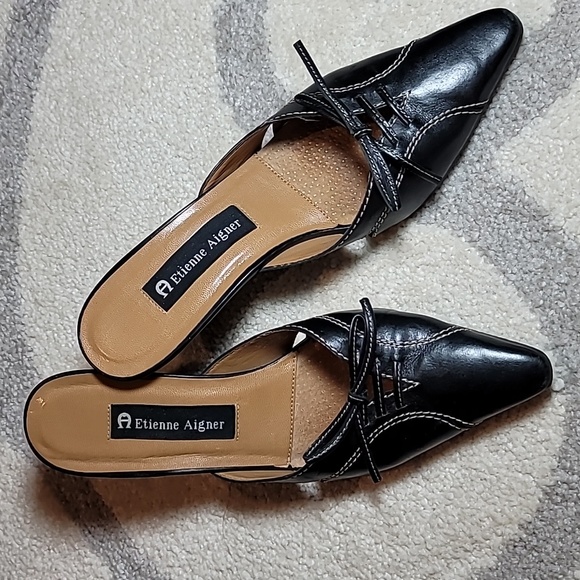 Etienne Aigner Vodka 7M Black Leather Mules with Bow & peep holes - Picture 1 of 5